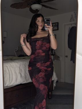 *MOVING SALE* House of CB Black Sheer Maxi Dress with Red Rose Print